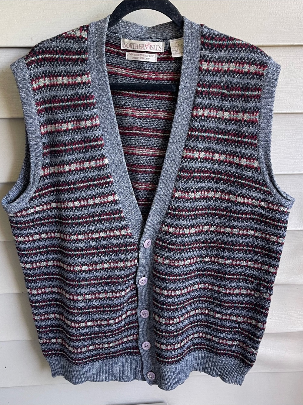 Vintage Northern Isles Wool Sweater Vest Mens L Gray Fair Isle Safari Grandpa